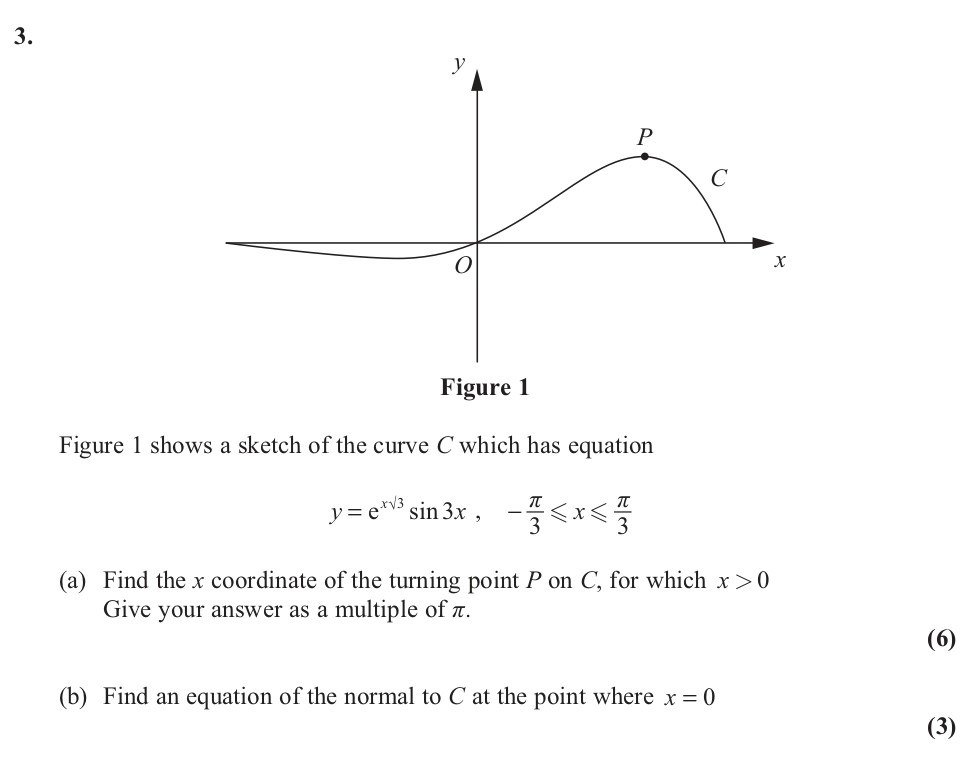 Figure-1-shows-a-sketch-of-the-curve-C-which-has-equation--y-=-e^{-rac{1}{3}}--ext{sin-}-3x,----rac{-ext{π}}{3}--ext{-≤-}-x--ext{-≤-}--rac{-ext{π}}{3}--(a)-Find-the-x-coordinate-of-the-turning-point-P-on-C,-for-which-x->-0-Edexcel-A-Level Maths Pure-Question 5-2012-Paper 5.png